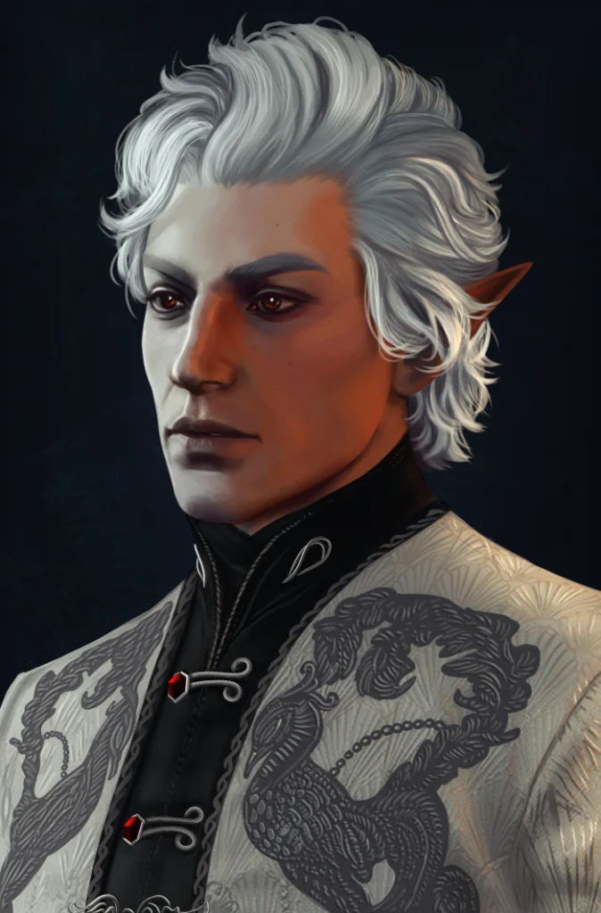 A digital portrait depicting the character Astarion from Baldur's Gate 3. Seen from the shoulders-up, he is a middle-aged elf with pale skin, white hair, and red eyes. He is wearing a brocade jacket. The background is dark.