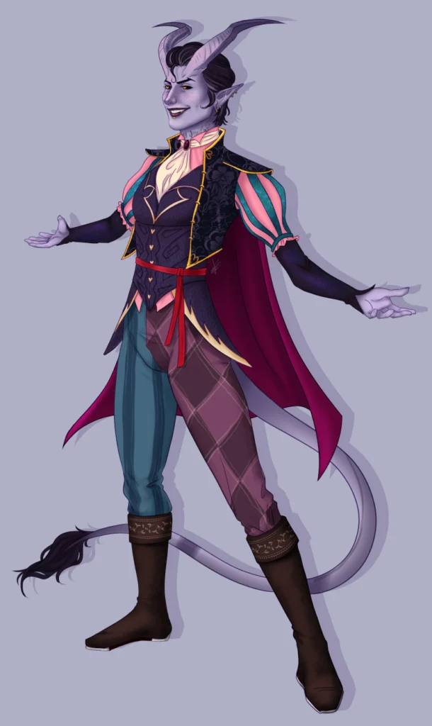 A digitally drawn image of a purple tiefling character. They are a horned humanoid with a tail. They are wearing purple, blue, and dark pink clothes, standing with their arms and legs wide as though taunting someone off-screen to attack them. They have black, slicked-back hair, purple skin, and a tail with a dark tuft of hair at the end. They are smiling, and they have yellow eyes on a dark sclera.